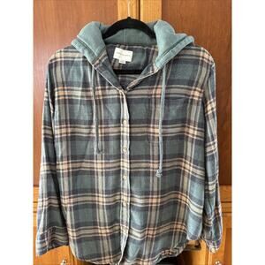 American Eagle Women’s Flannel Hoodie Green Plaid Size Small